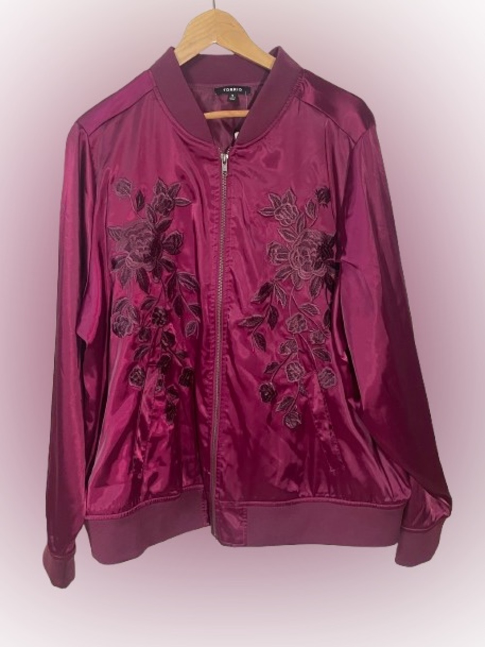 Torrid Bomber Jacket Satin Women’s 2 2X Floral Embroidered Zip Up Purple New NWT